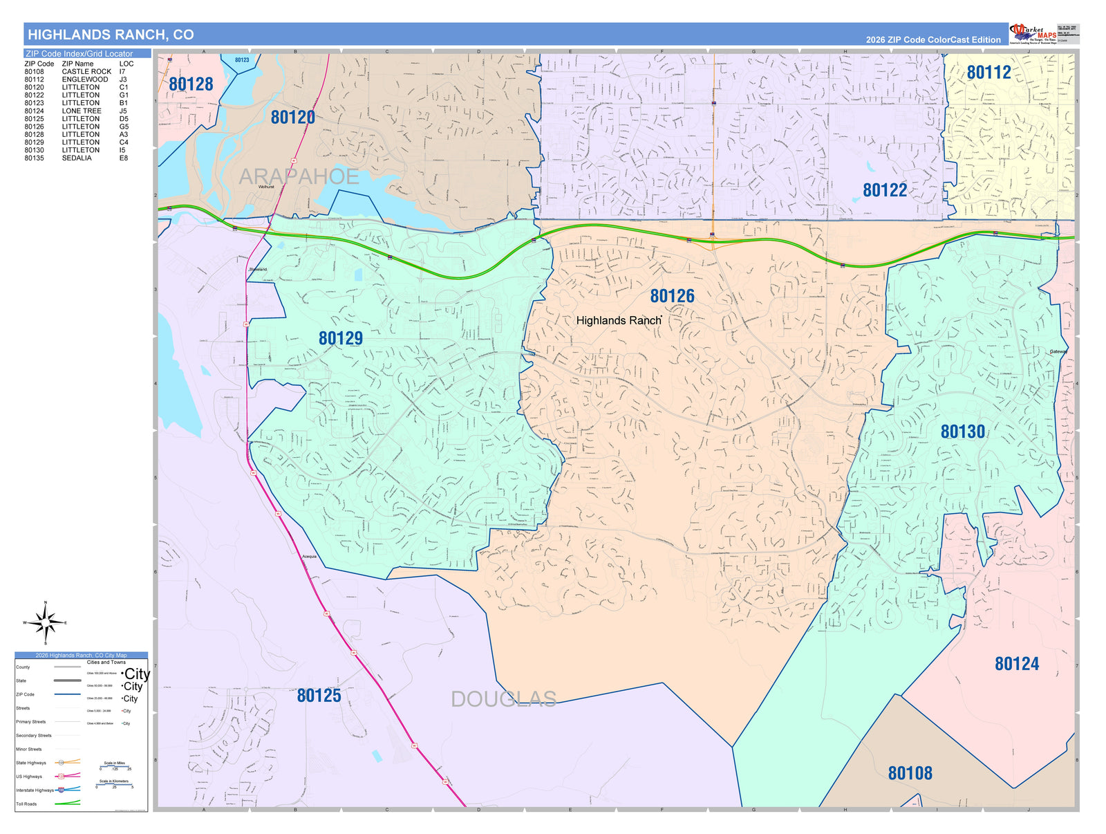 Color Cast Zip Code Style Wall Map of Highlands Ranch, CO