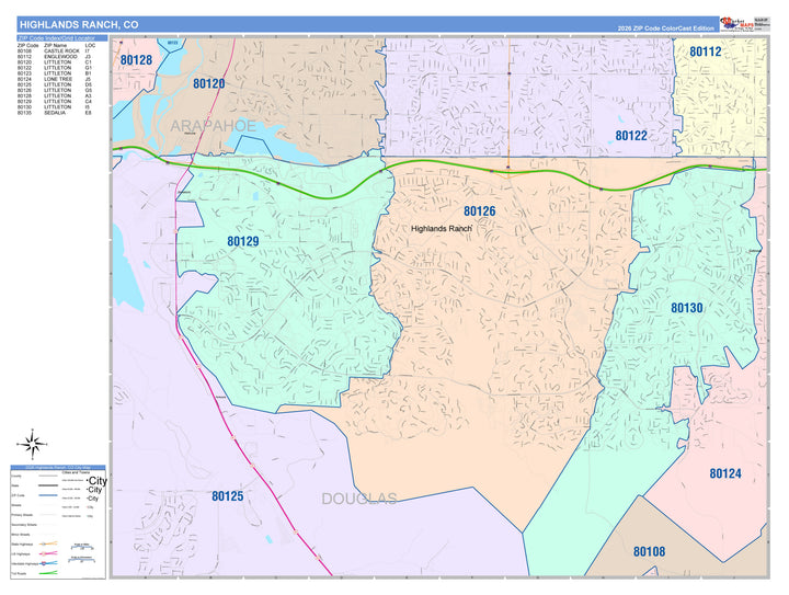 Color Cast Zip Code Style Wall Map of Highlands Ranch, CO