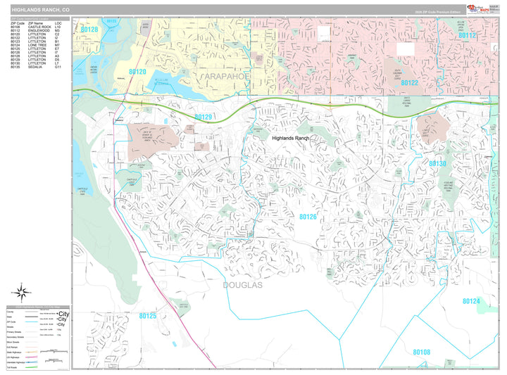 Premium Style Wall Map of Highlands Ranch, CO