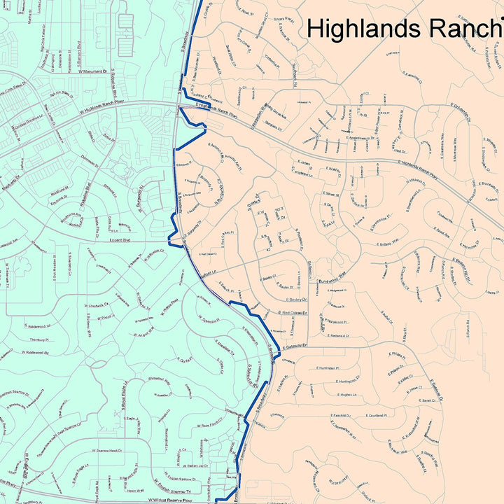 Color Cast Zip Code Style Wall Map of Highlands Ranch, CO