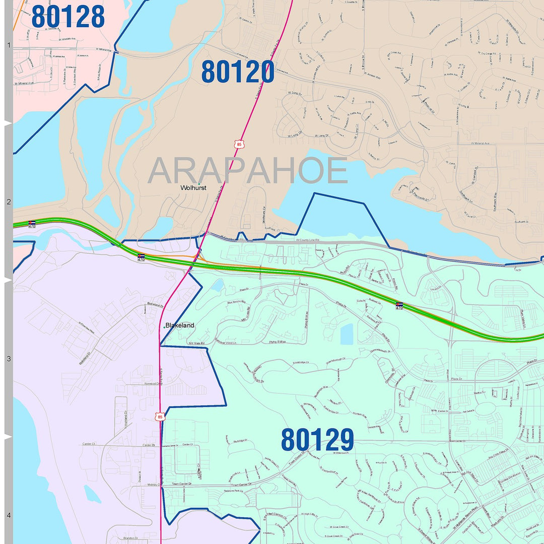 Color Cast Zip Code Style Wall Map of Highlands Ranch, CO