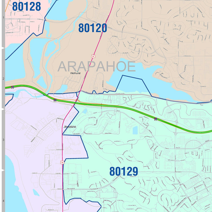 Color Cast Zip Code Style Wall Map of Highlands Ranch, CO