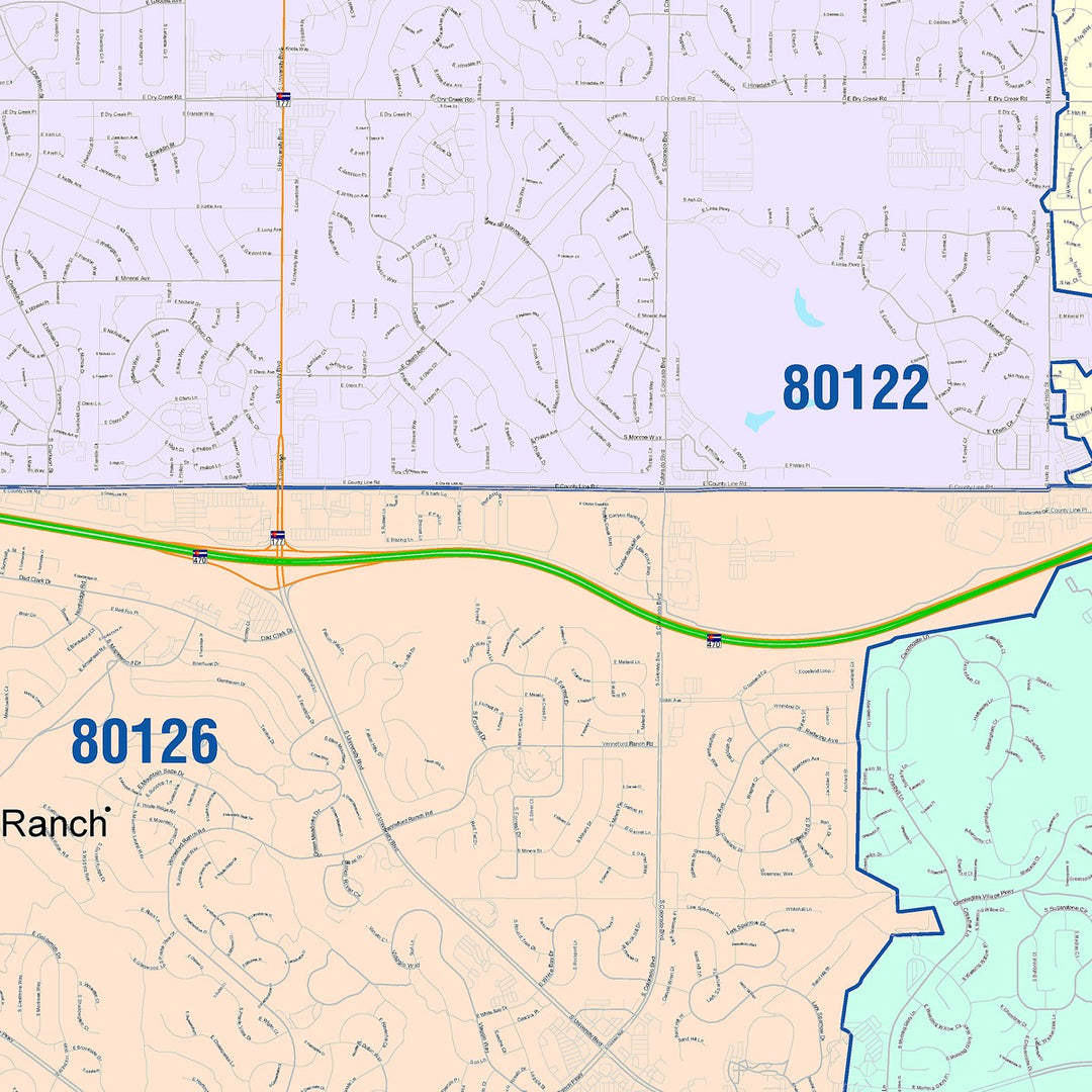 Color Cast Zip Code Style Wall Map of Highlands Ranch, CO