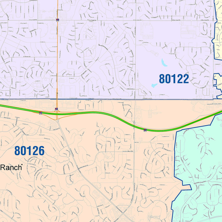 Color Cast Zip Code Style Wall Map of Highlands Ranch, CO
