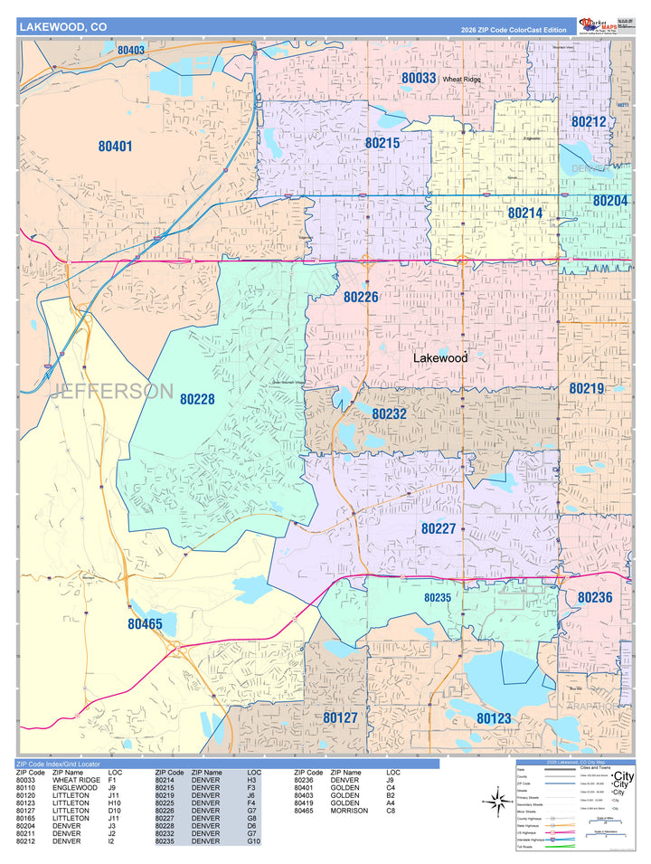 Color Cast Zip Code Style Wall Map of Lakewood, CO