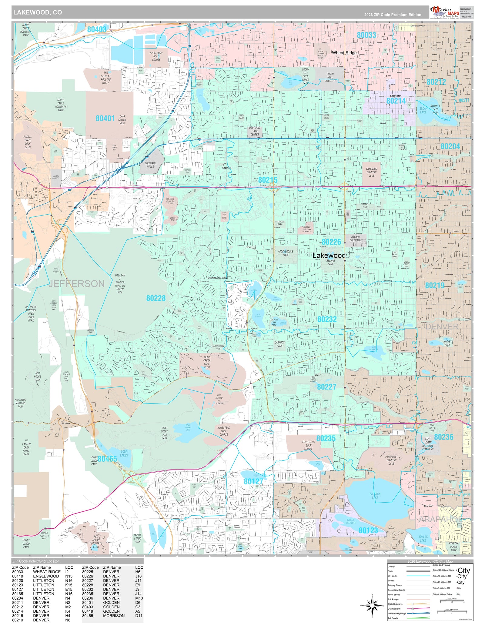 Premium Style Wall Map of Lakewood, CO