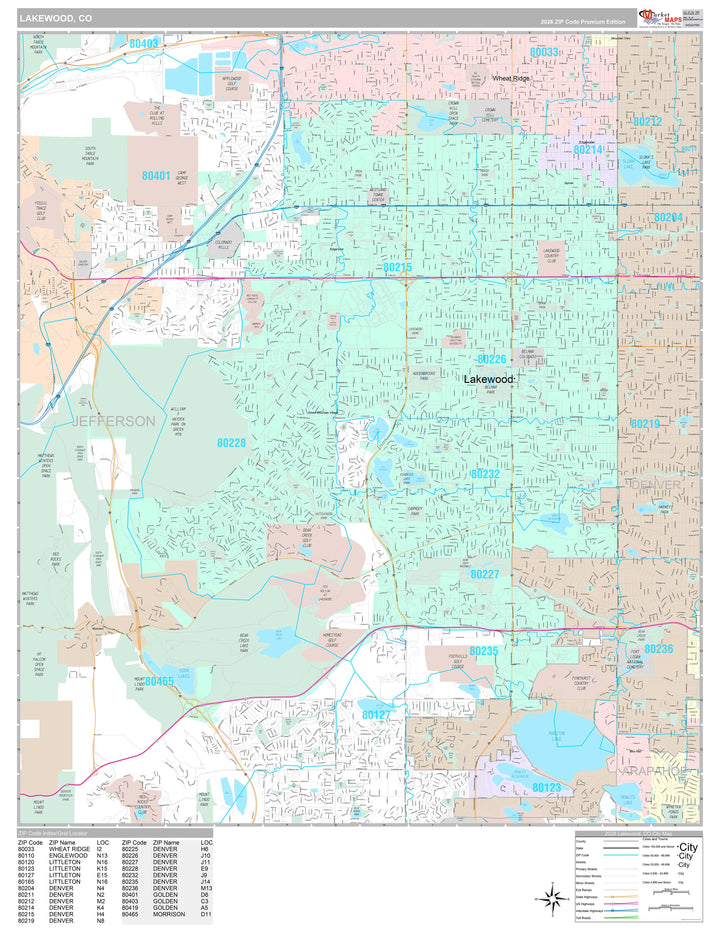 Premium Style Wall Map of Lakewood, CO