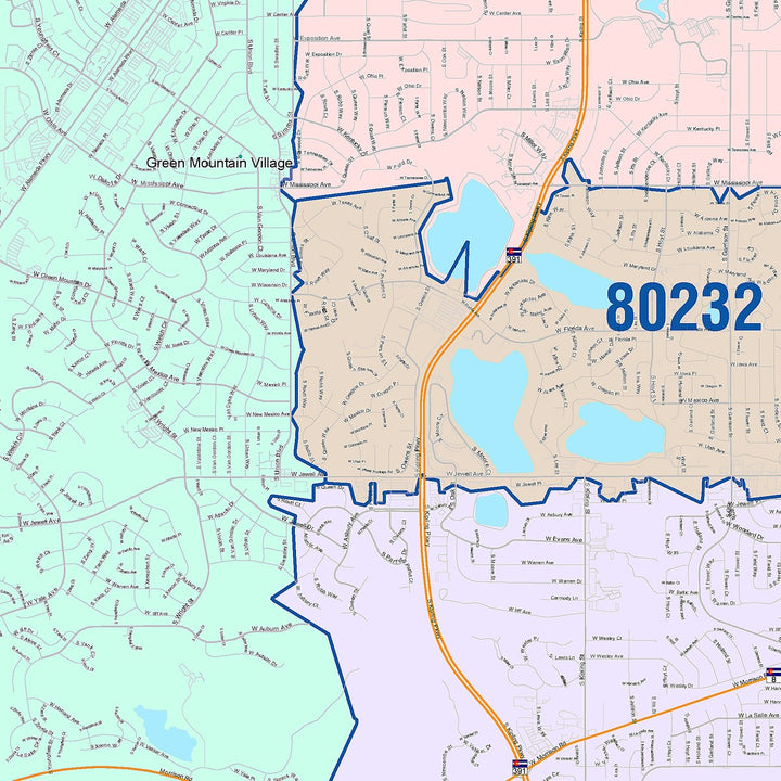 Color Cast Zip Code Style Wall Map of Lakewood, CO