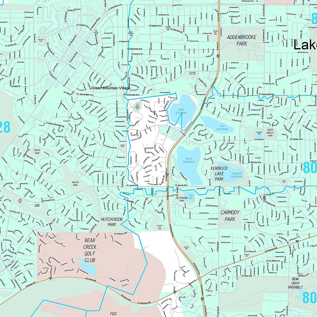 Premium Style Wall Map of Lakewood, CO