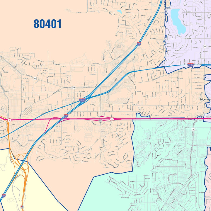 Color Cast Zip Code Style Wall Map of Lakewood, CO