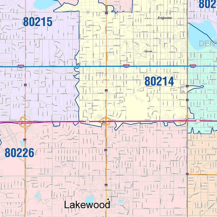 Color Cast Zip Code Style Wall Map of Lakewood, CO