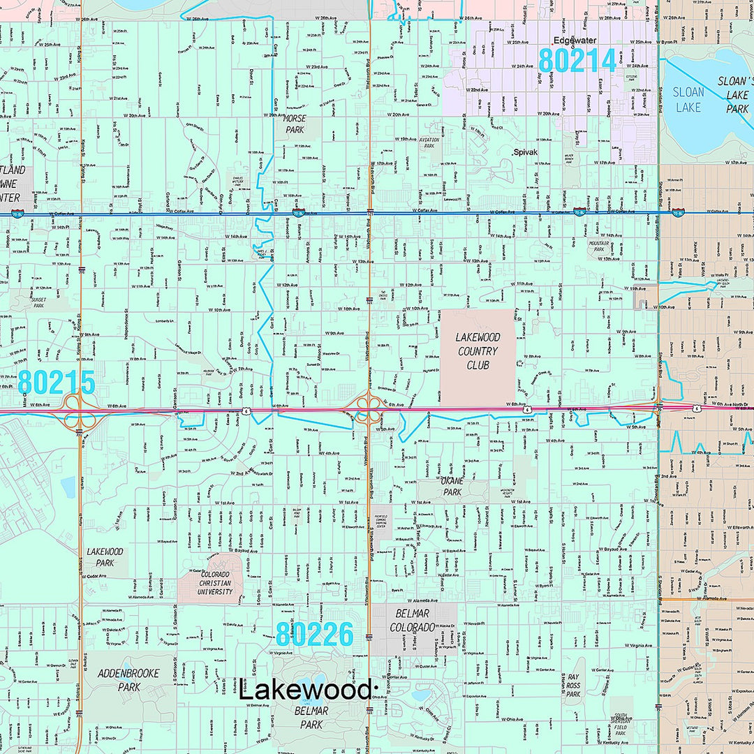 Premium Style Wall Map of Lakewood, CO