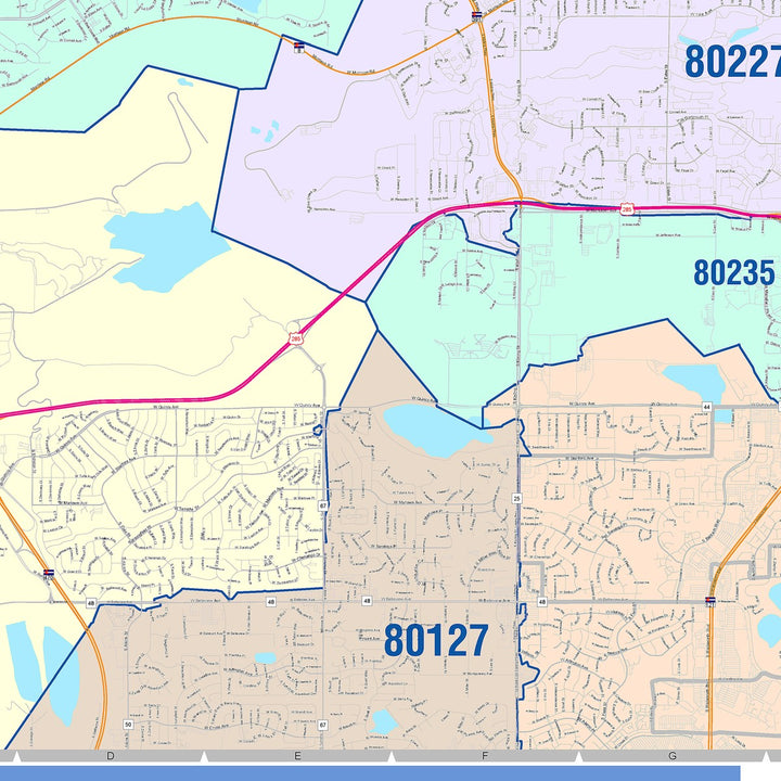 Color Cast Zip Code Style Wall Map of Lakewood, CO