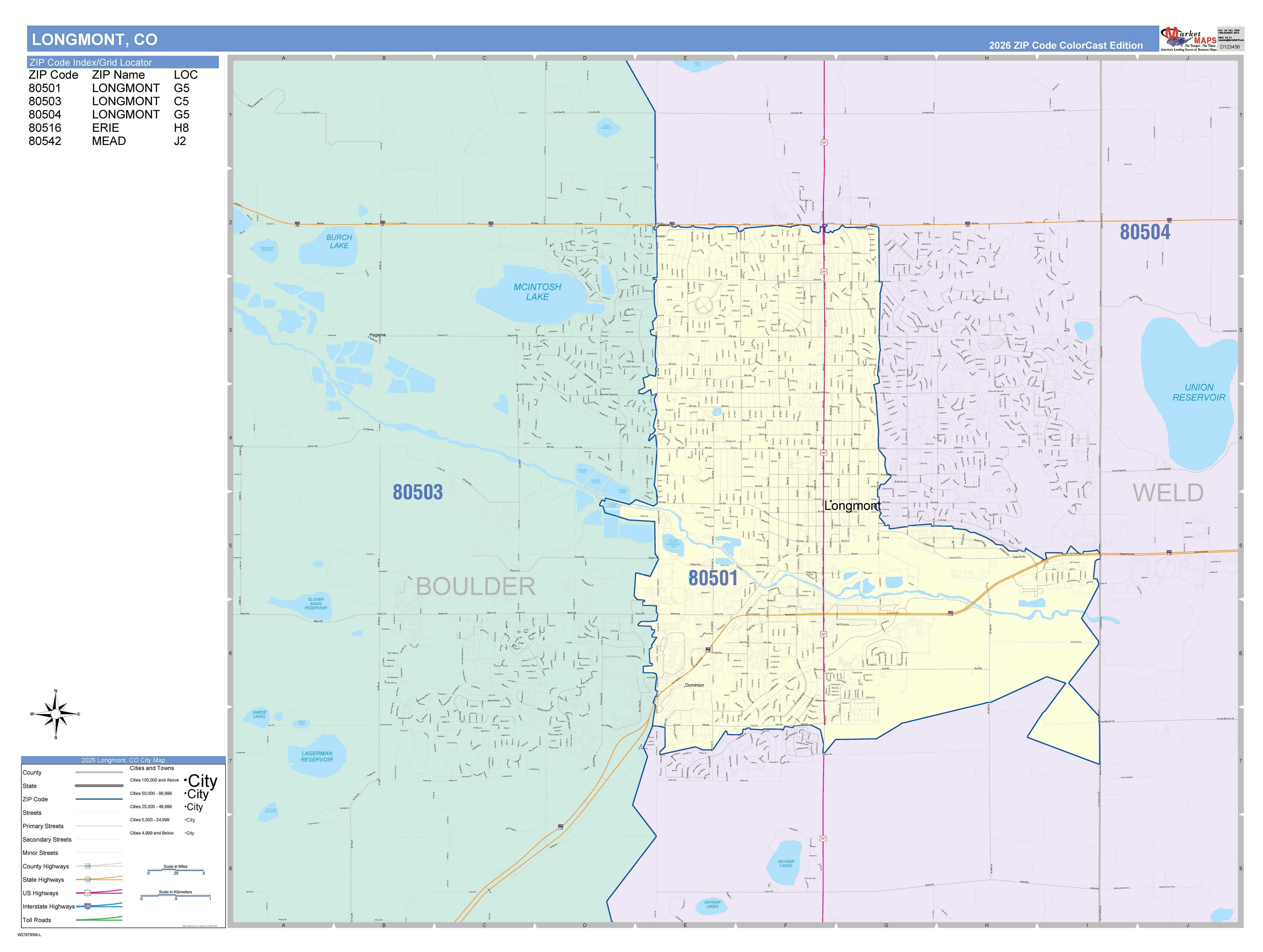 Color Cast Zip Code Style Wall Map of Longmont, CO – American Map Store
