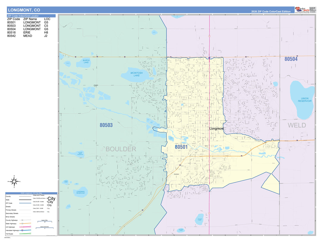 Color Cast Zip Code Style Wall Map of Longmont, CO