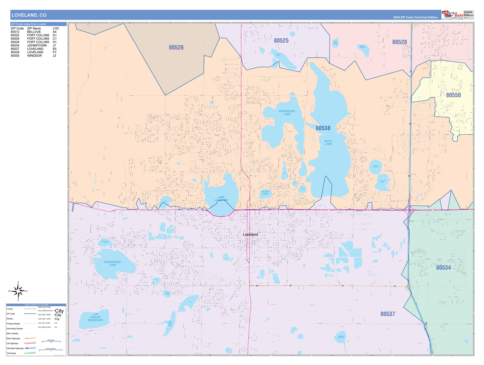Color Cast Zip Code Style Wall Map of Loveland, CO