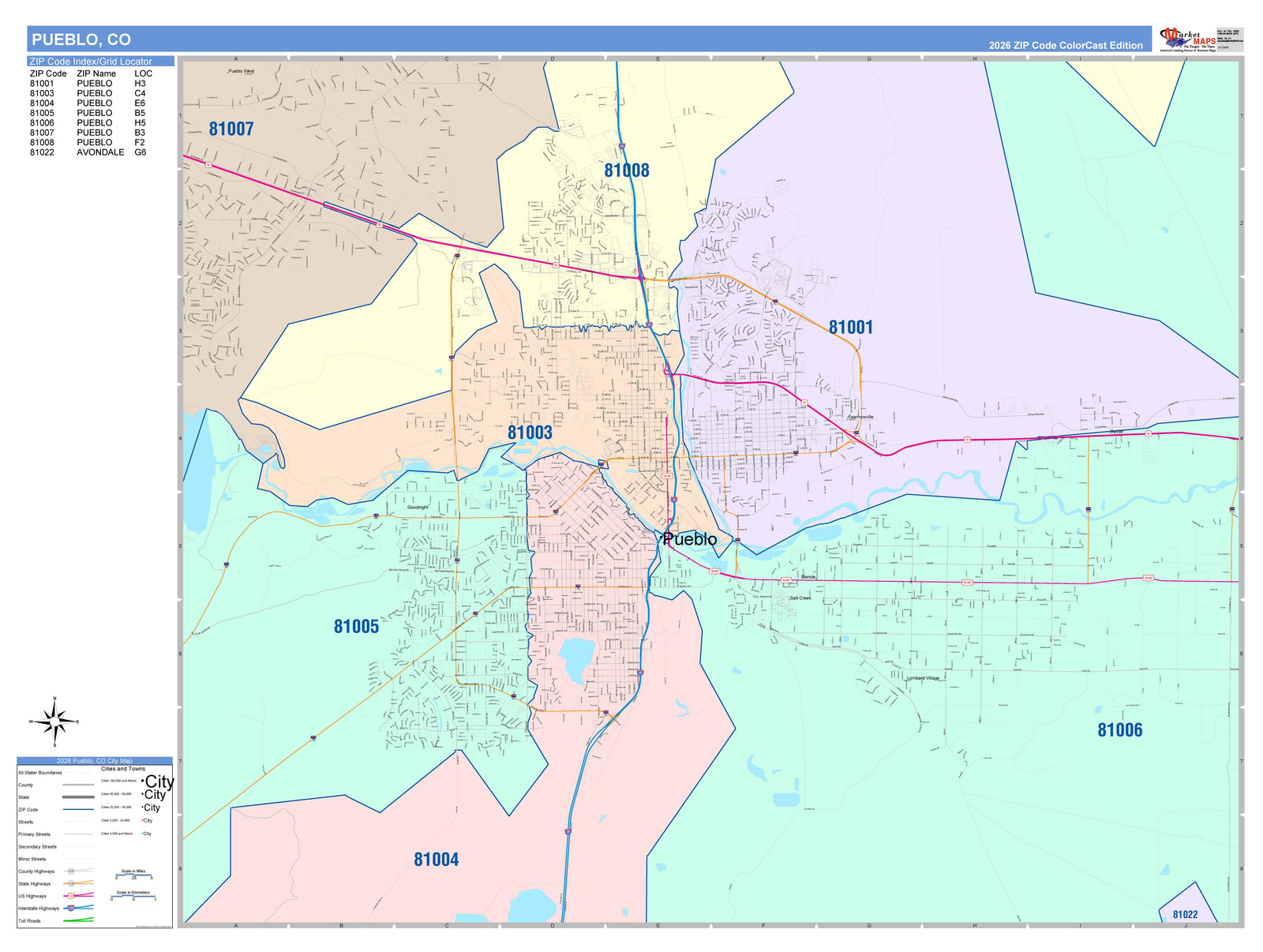 Color Cast Zip Code Style Wall Map of Pueblo, CO