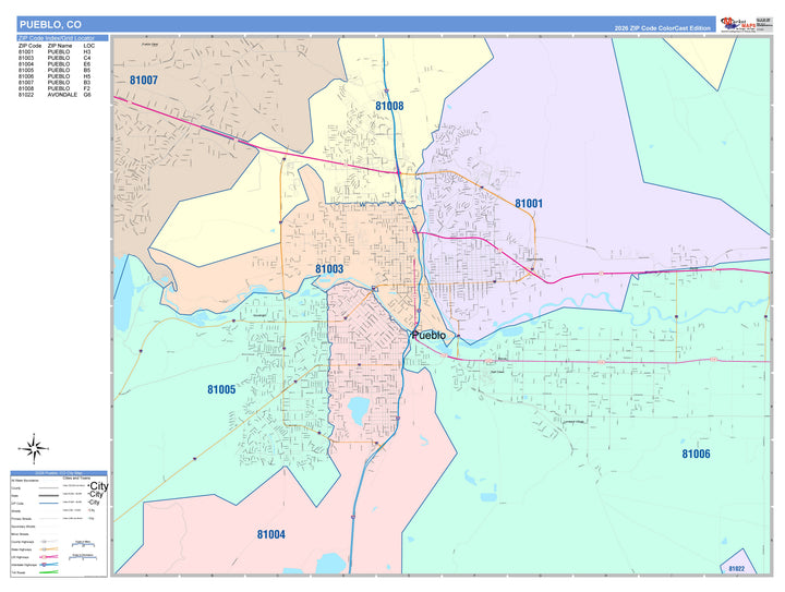 Color Cast Zip Code Style Wall Map of Pueblo, CO