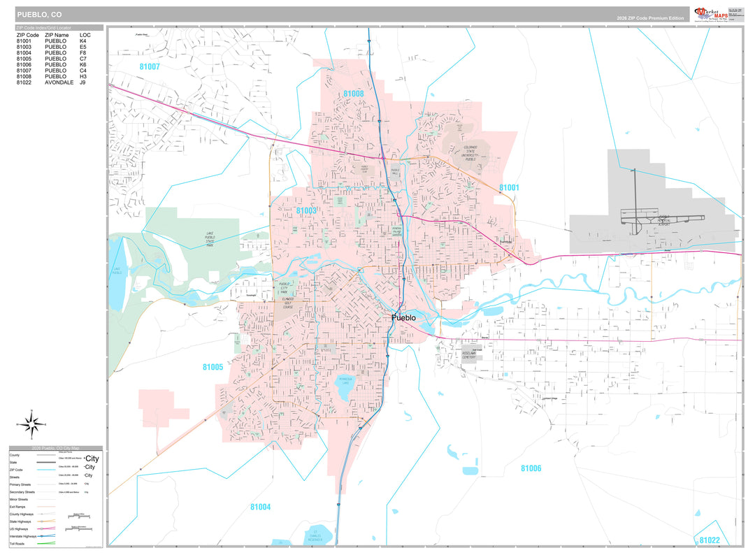 Premium Style Wall Map of Pueblo, CO