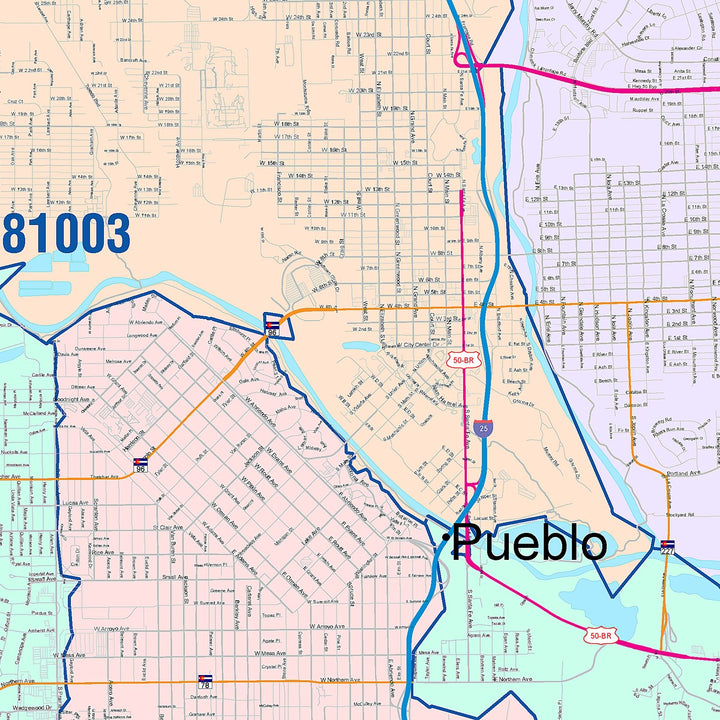 Color Cast Zip Code Style Wall Map of Pueblo, CO