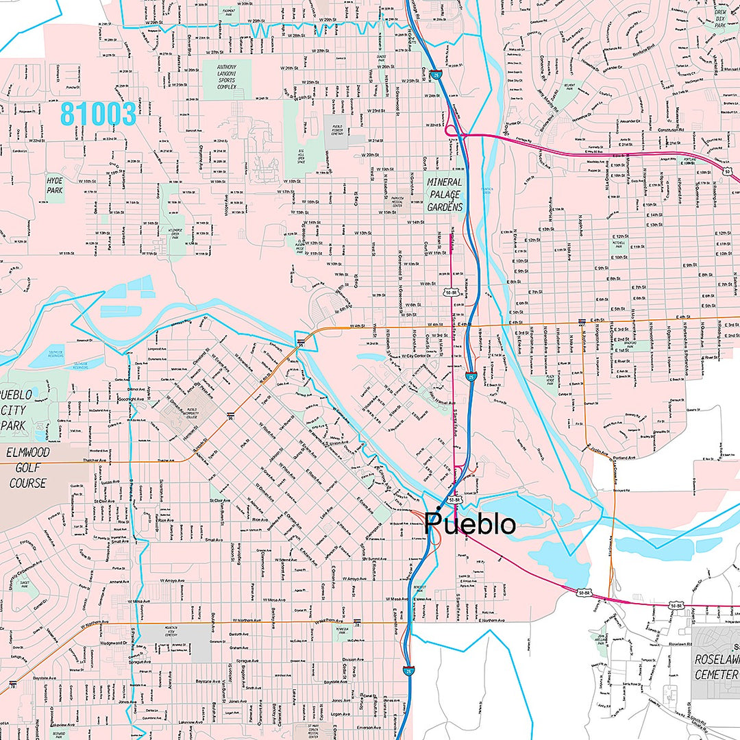 Premium Style Wall Map of Pueblo, CO