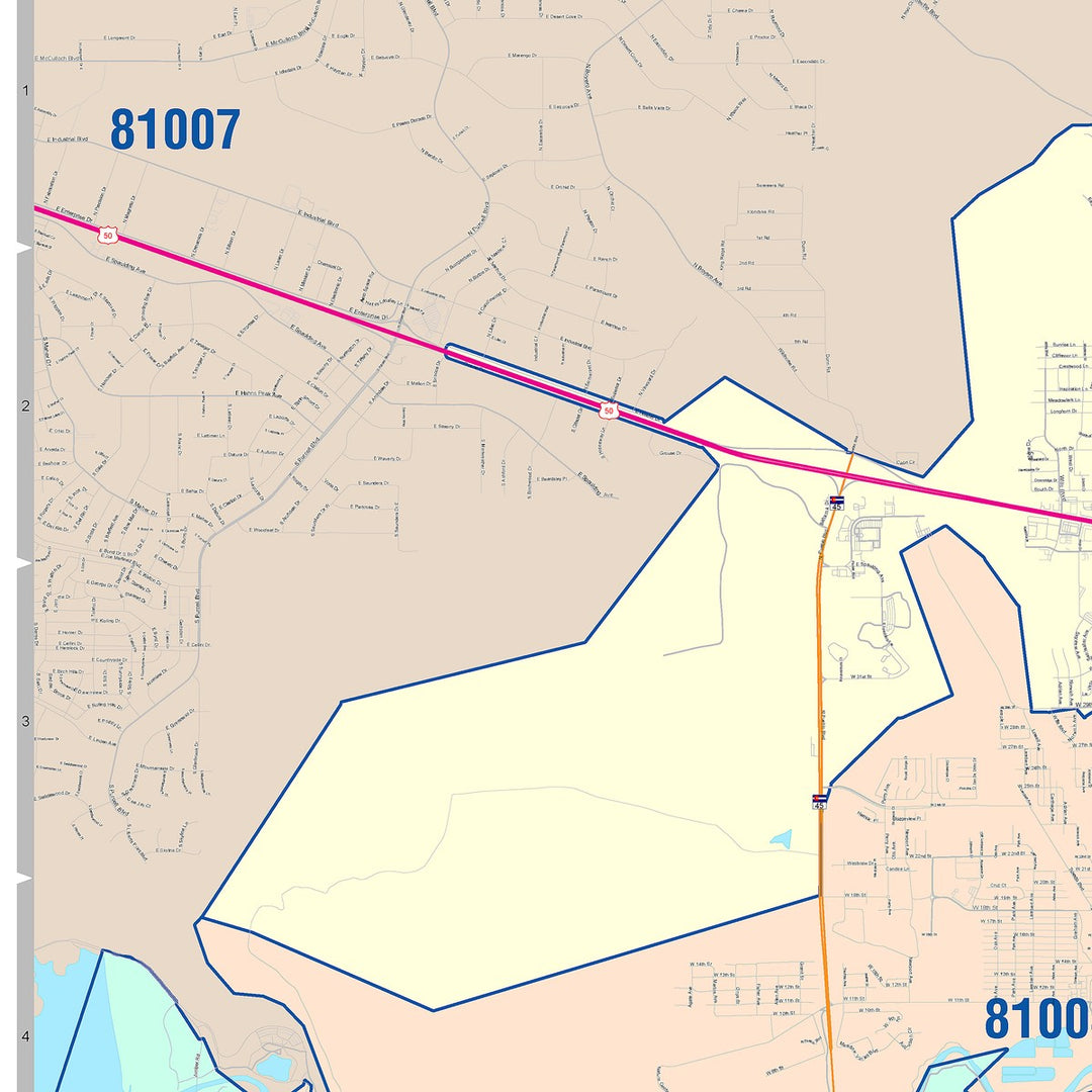 Color Cast Zip Code Style Wall Map of Pueblo, CO