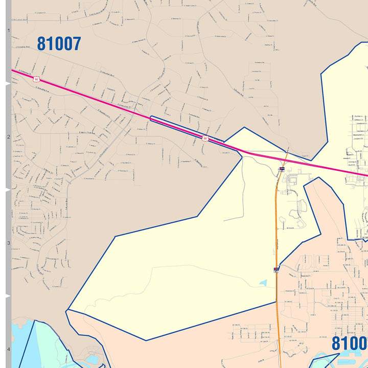 Color Cast Zip Code Style Wall Map of Pueblo, CO