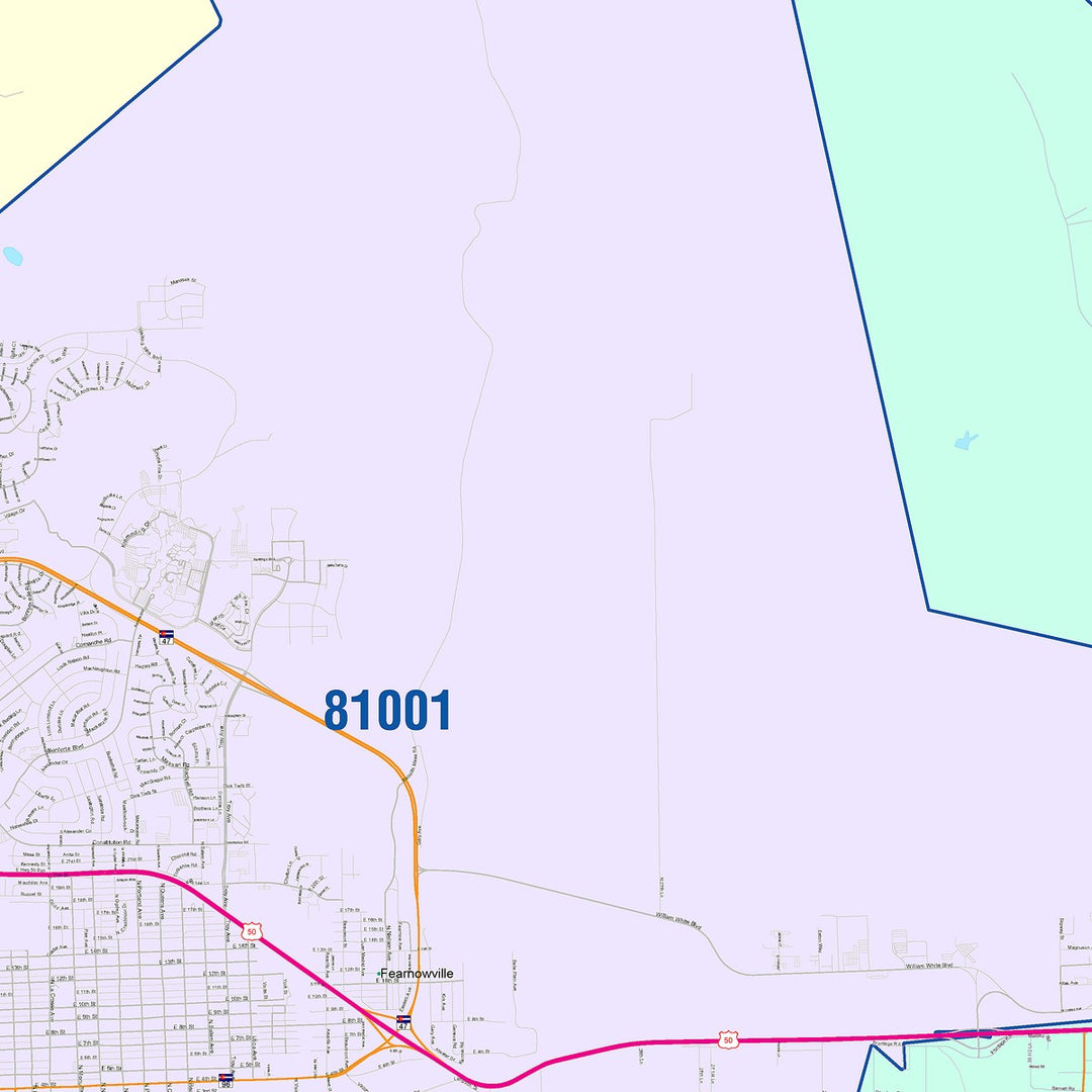 Color Cast Zip Code Style Wall Map of Pueblo, CO