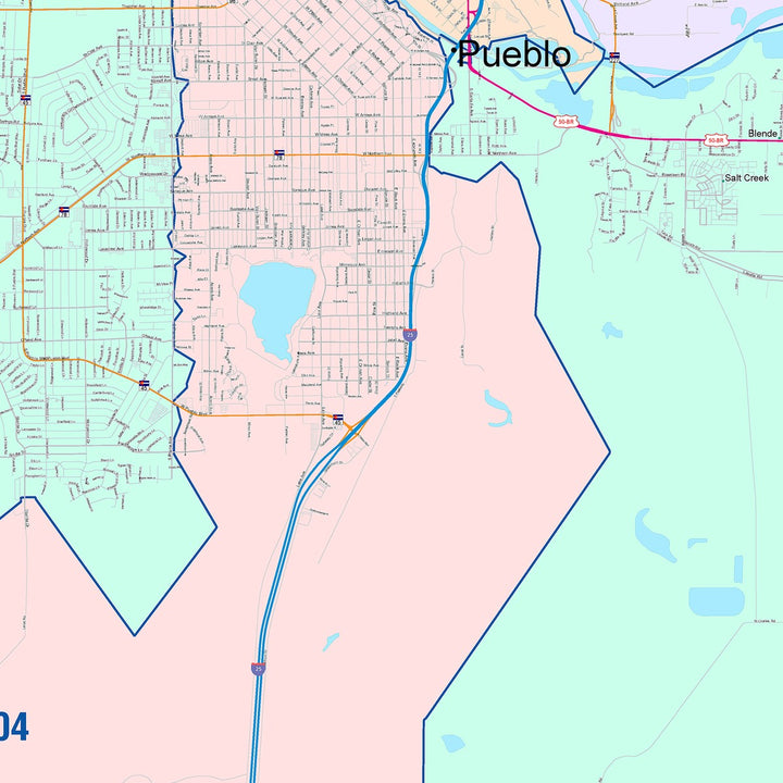 Color Cast Zip Code Style Wall Map of Pueblo, CO