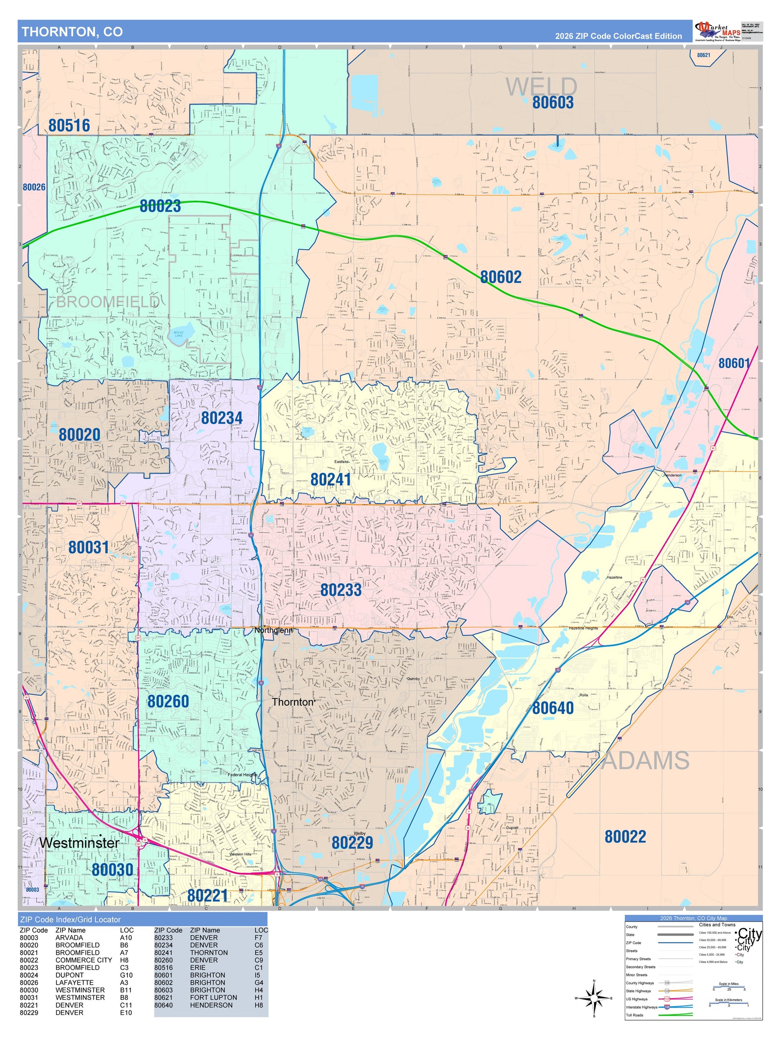 Color Cast Zip Code Style Wall Map of Thorton, CO