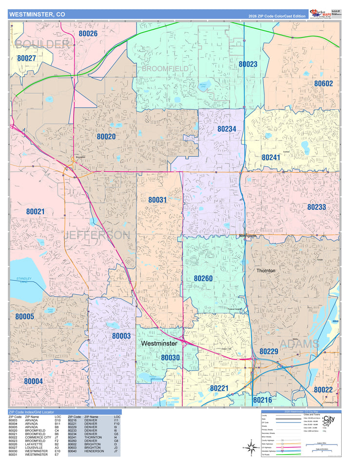 Color Cast Zip Code Style Wall Map of Westminster, CO