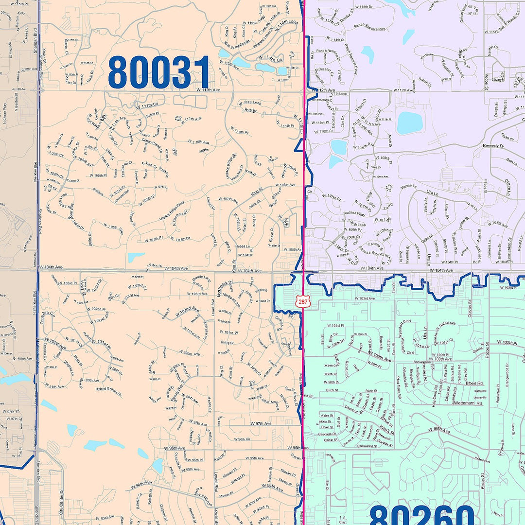 Color Cast Zip Code Style Wall Map of Westminster, CO