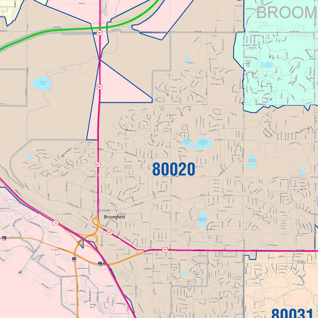 Color Cast Zip Code Style Wall Map of Westminster, CO