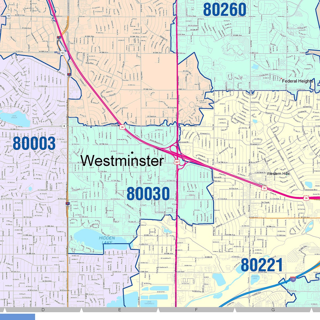 Color Cast Zip Code Style Wall Map of Westminster, CO