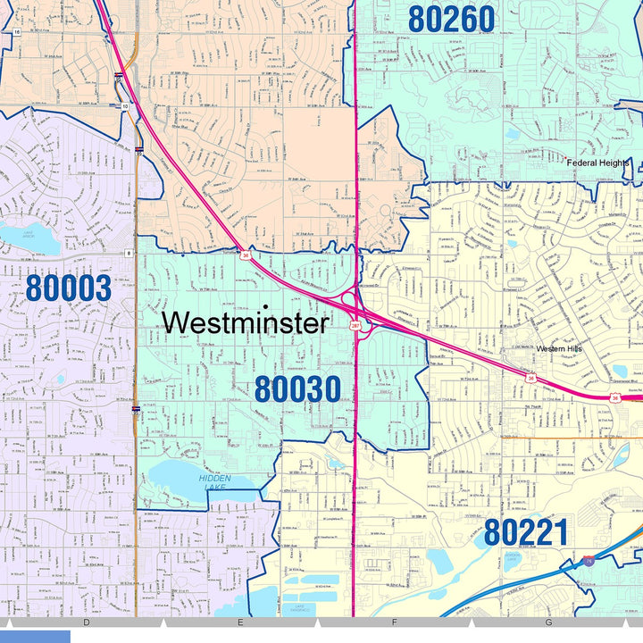 Color Cast Zip Code Style Wall Map of Westminster, CO