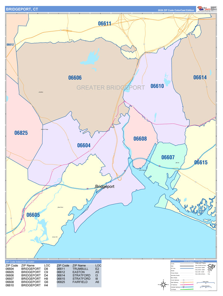 Color Cast Zip Code Style Wall Map of Bridgeport, CT