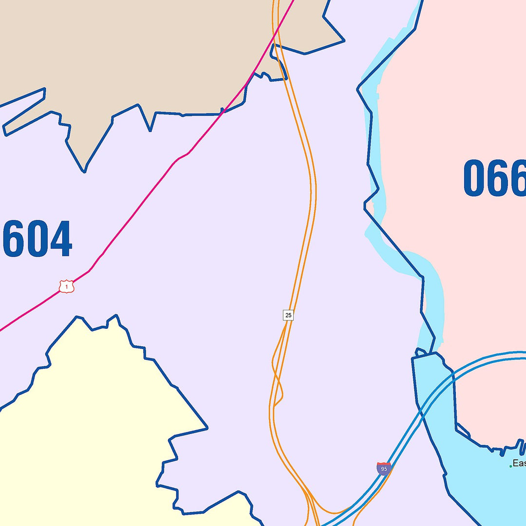 Color Cast Zip Code Style Wall Map of Bridgeport, CT