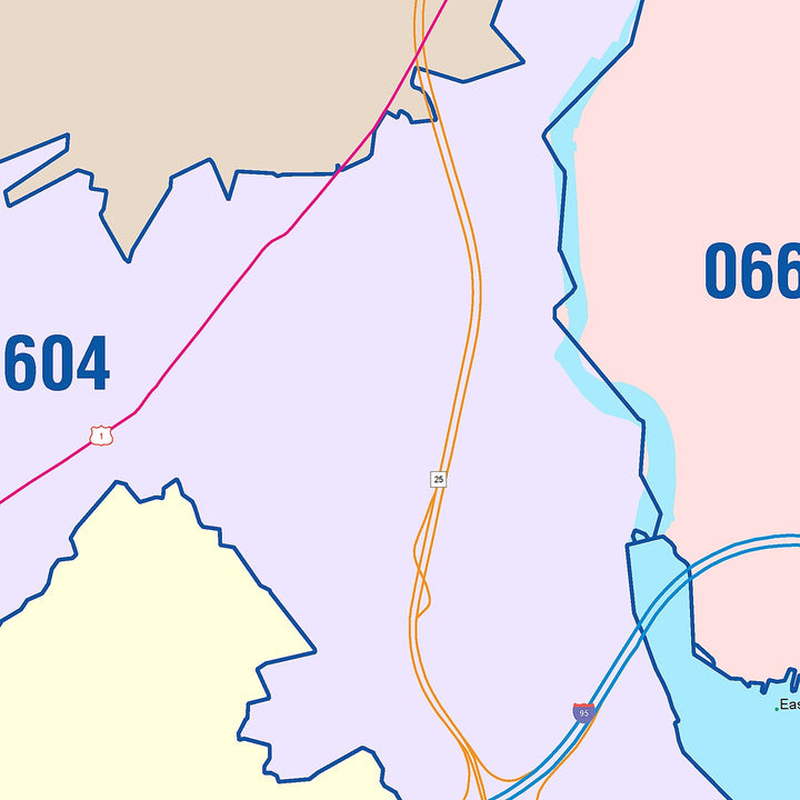 Color Cast Zip Code Style Wall Map of Bridgeport, CT