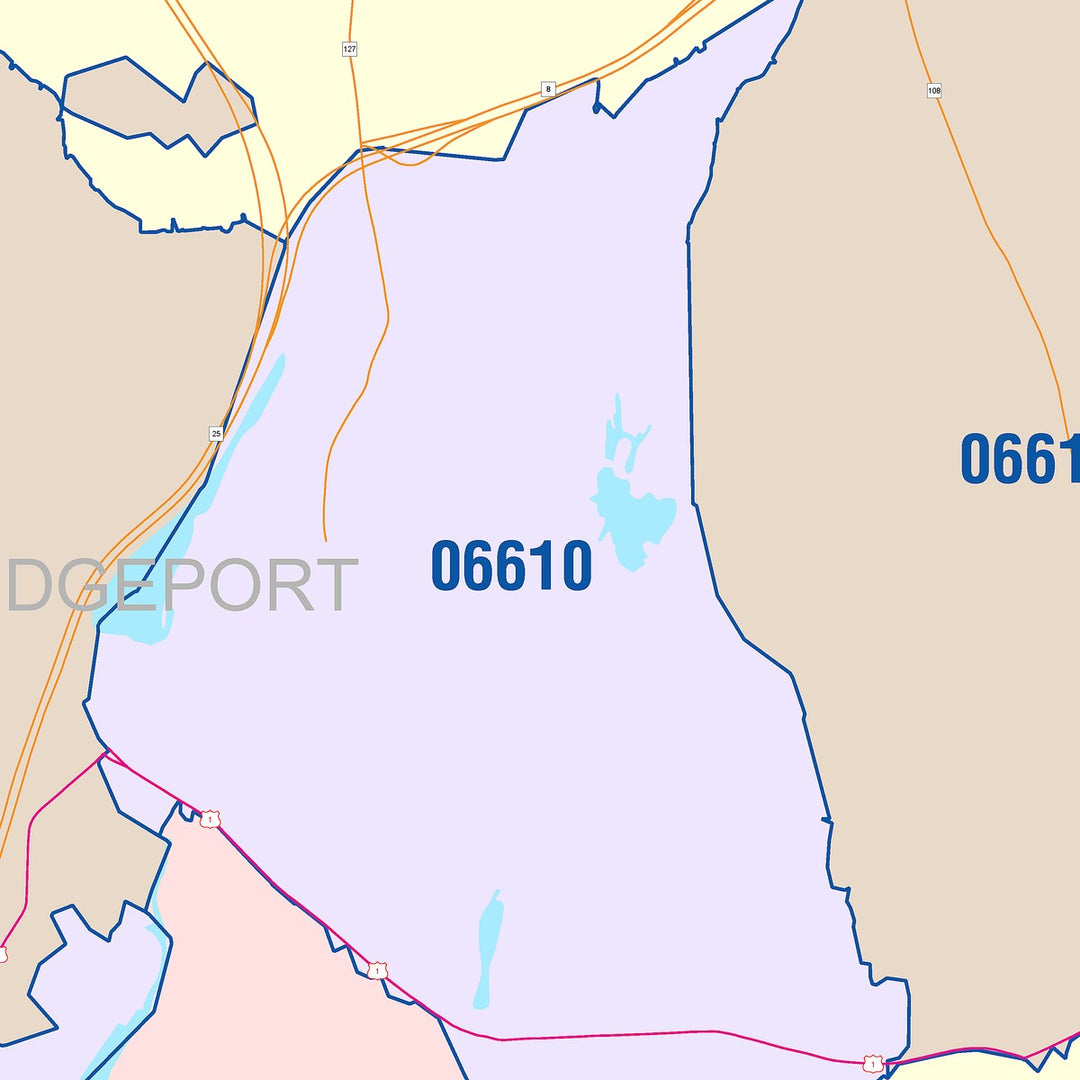 Color Cast Zip Code Style Wall Map of Bridgeport, CT