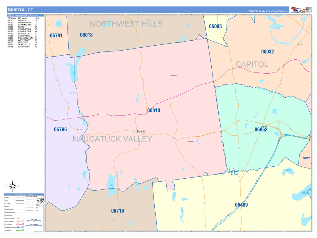Color Cast Zip Code Style Wall Map of Bristol, CT