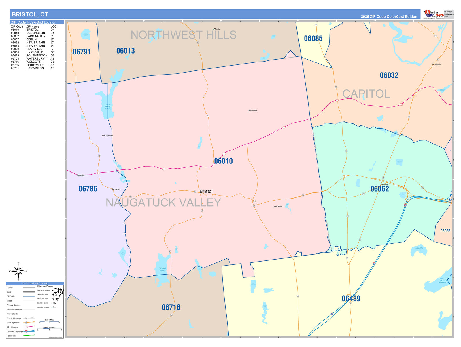 Color Cast Zip Code Style Wall Map of Bristol, CT