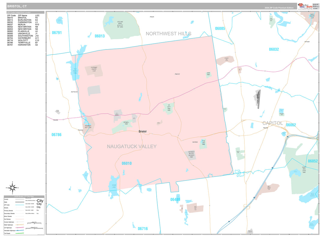 Premium Style Wall Map of Bristol, CT