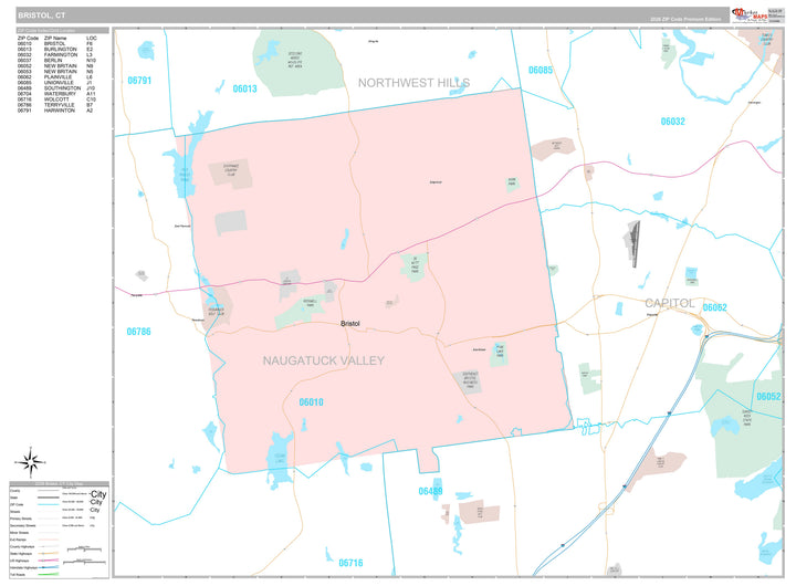 Premium Style Wall Map of Bristol, CT