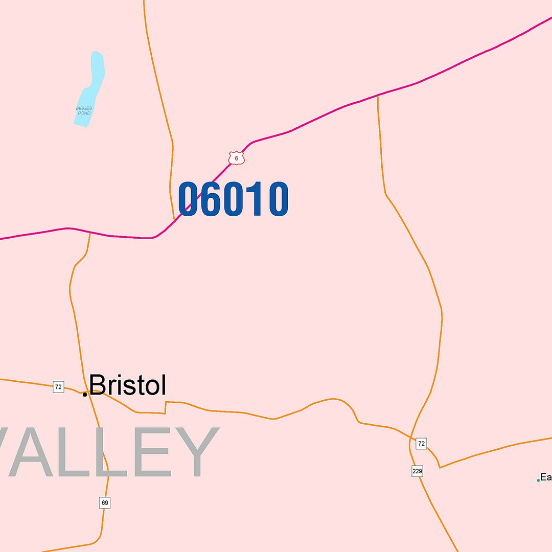 Color Cast Zip Code Style Wall Map of Bristol, CT