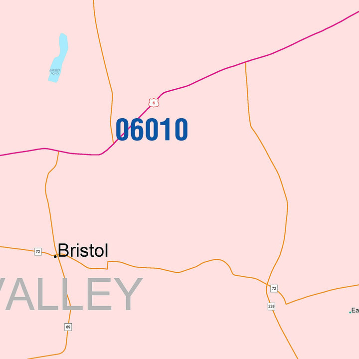 Color Cast Zip Code Style Wall Map of Bristol, CT