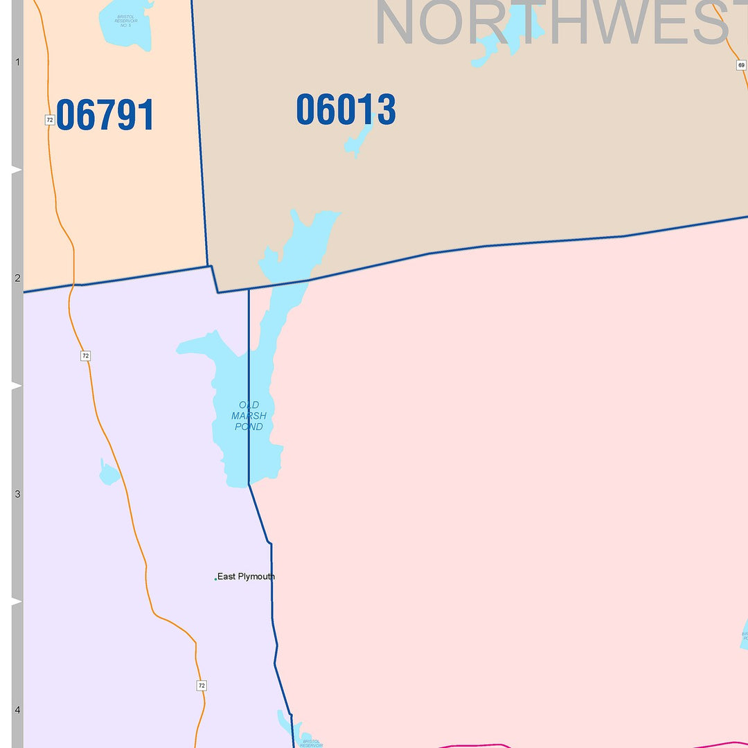 Color Cast Zip Code Style Wall Map of Bristol, CT
