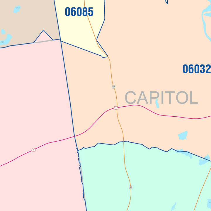 Color Cast Zip Code Style Wall Map of Bristol, CT