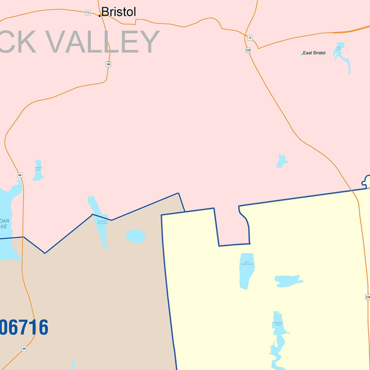 Color Cast Zip Code Style Wall Map of Bristol, CT