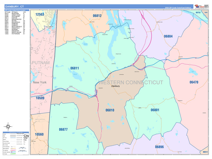 Color Cast Zip Code Style Wall Map of Danbury, CT