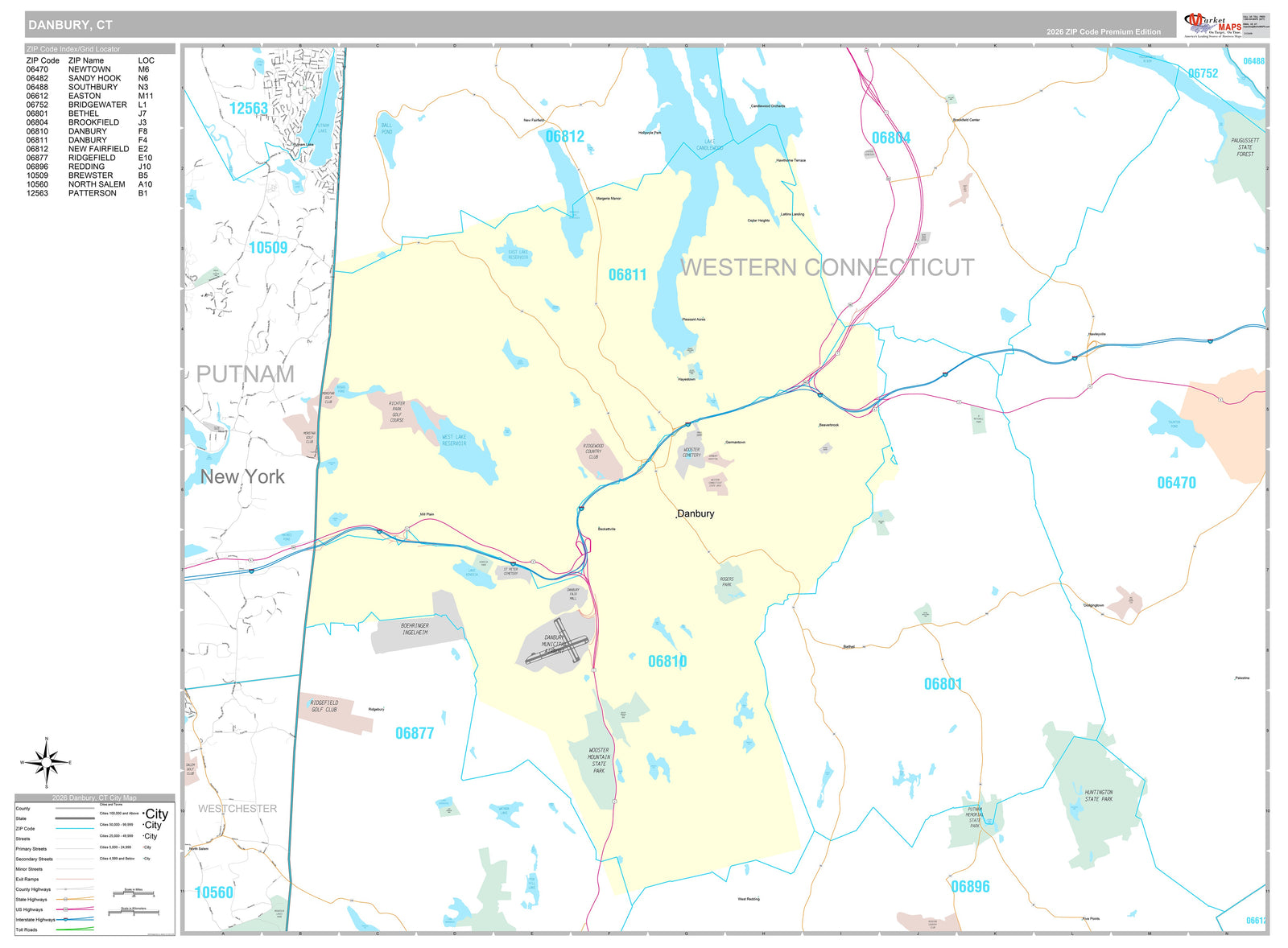 Premium Style Wall Map of Danbury, CT